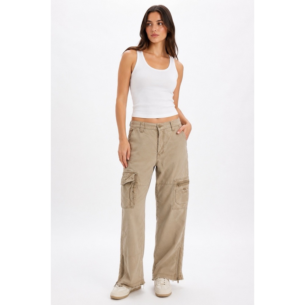 Y2K American Eagle Cargo Khakis Pants Womens 2 Tan Utility Zip Hem Low Rise